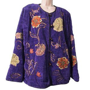 Purple Chenille Glass Applique Embroidered Beaded Sequin Wearable Art Jacket L